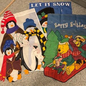 Festive Holiday Garden Flags with Penguins,Snowman and Winnie the Pooh